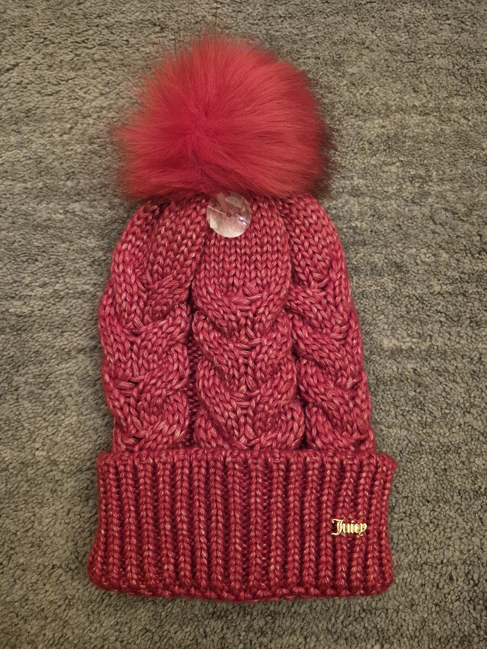 Juicy Couture Faux Fur Pom Cable Knit Beanie Pink
